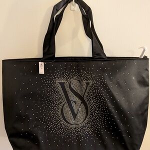 Victoria's Secret Black Sparkle VS Overnight XL Tote Bag Bling Rhinestones NWT